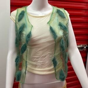 Vintage Sheer Green Vest with fur Leaf Accents